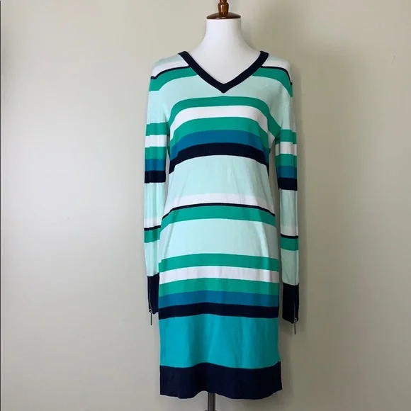 MICHAEL KORS Tile Blue Striped V-Neck Knit Dress - Picture 4 of 13